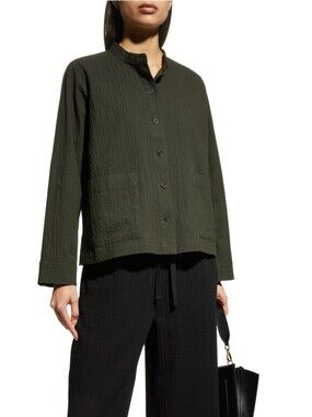 Eileen Fisher Organic Cotton Textured Shirt Jacket Patch Pockets in Green XS